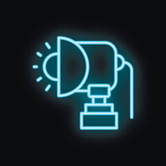 Blue neon icon of a studio spotlight emitting light beams on a black background