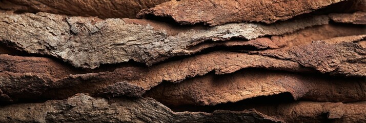 Detailed close-up of overlapping cinnamon bark layers with rich earthy textures and natural color variations in brown and reddish tones