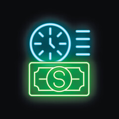 Neon sign depicting the concept of time being money, featuring a clock and a dollar bill