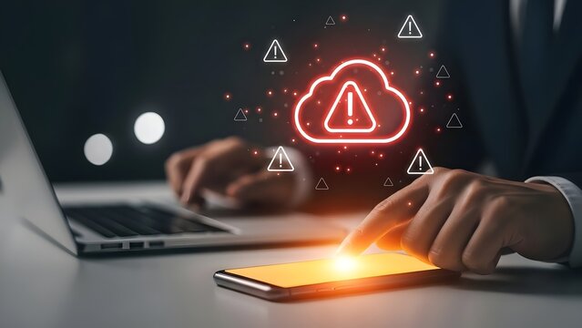 Person interacting with smartphone displaying cloud warning symbol and alert icons cloud computing