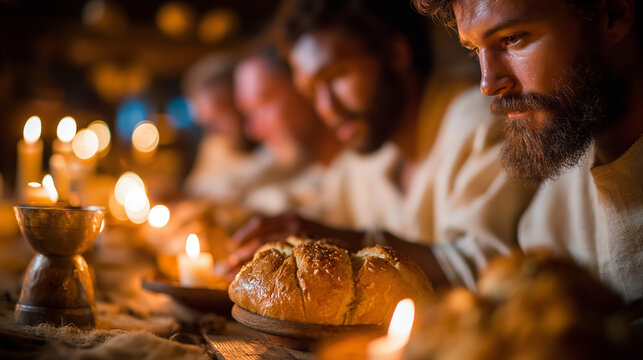 Last Supper in upper room, bread and cup, candle glow on faces, new covenant spoken, with copy space