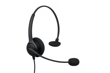Black professional headset with microphone on transparent background