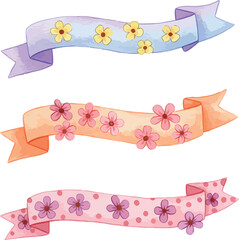 Three watercolor floral ribbons with delicate blossoms in pastel colors