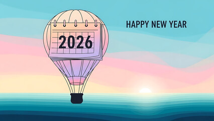 A hot air balloon with a calendar showing the year 2026 against a sunrise and happy new year text silhouette