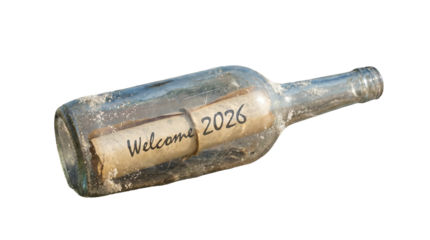 Message in a bottle with Welcome 2026 a concept of future communication isolated on white