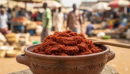 spicy grain dish called suya kuli kuli from Nigeria displayed in open market under bright daylight