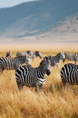 Obraz premium Herd of zebras grazing in african savanna with mountains in background
