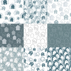 A collection of seamless patterns featuring houses and buildings. A set of simple hand-drawn house