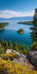 Naklejka premium Serene lake tahoe landscape with clear blue water and pine forested mountains
