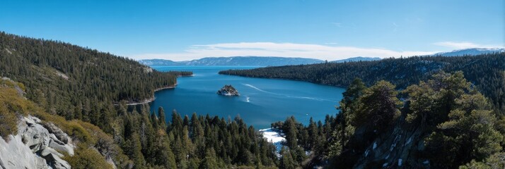 Scenic view of emerald bay with forested mountains and clear blue sky in lake tahoe