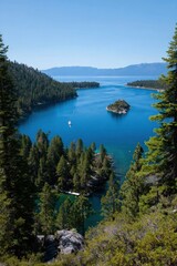 Scenic view of emerald bay at lake tahoe with blue waters and lush forests