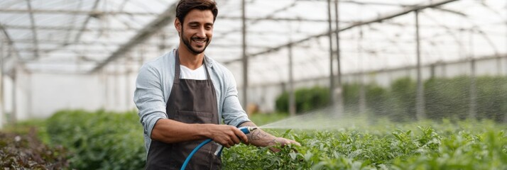 Young hispanic male gardener watering plants in greenhouse