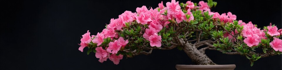 Vibrant pink azalea bonsai with lush green leaves against dark background