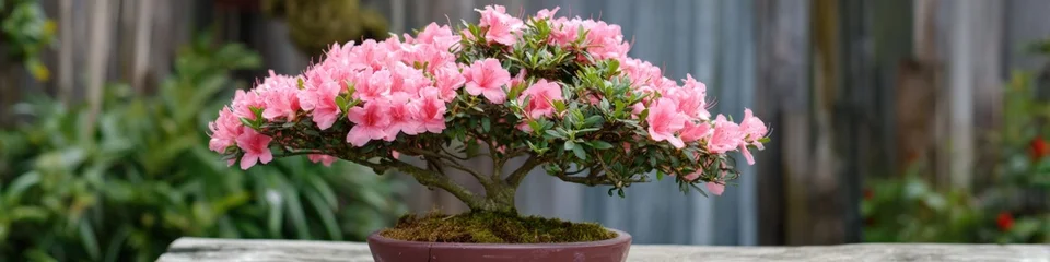 Fotobehang Azalea Pink azalea bonsai in ceramic pot displayed on outdoor table  © Andrii Zastrozhnov