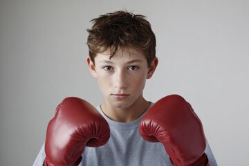 Young caucasian male teen with boxing gloves in gray t-shirt