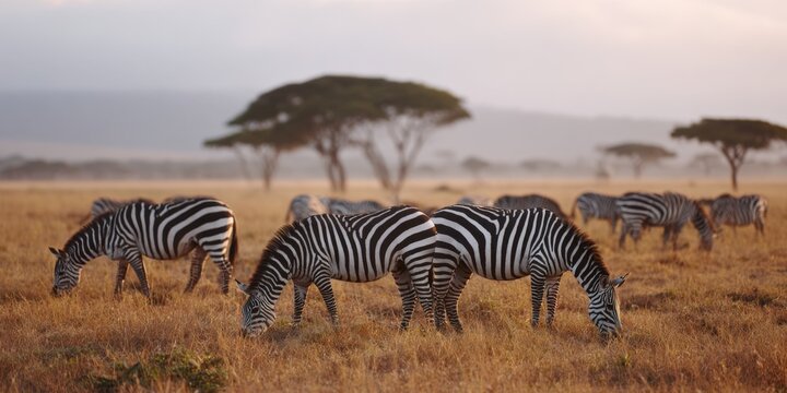Zebras grazing in african savanna with acacia trees at sunset - Powered by Adobe