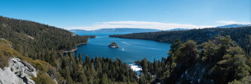 Scenic view of emerald bay with forested mountains and clear blue sky in lake tahoe - Powered by Adobe