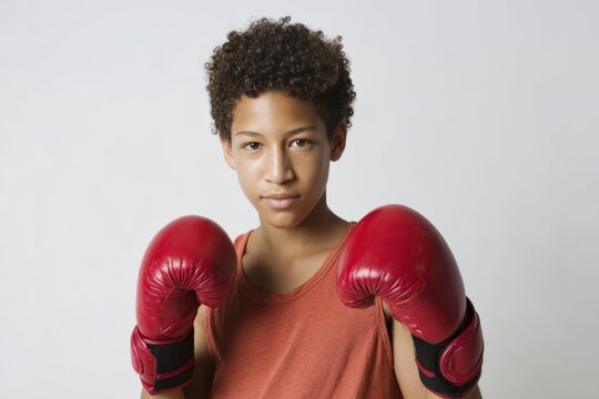 Young african male teen boxer with red gloves in orange tank top facing forward