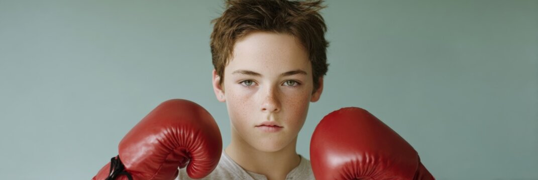 Young caucasian male teen with boxing gloves in confident pose