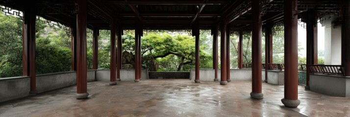 Fototapeta premium Tranquil chinese pavilion with wooden beams and garden view