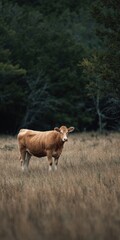 Brown cow standing in lush green field with dense trees in background