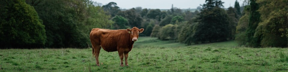 Naklejka premium Brown cow in lush green pasture with forest background