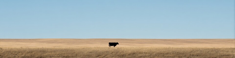 Obraz premium Solitary black cow on vast open field under clear blue sky
