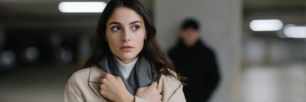 Concerned young caucasian female walking in dimly lit parking garage