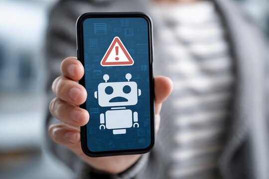 Holding a smartphone displaying a warning sign and a sad robot icon in a bright indoor setting