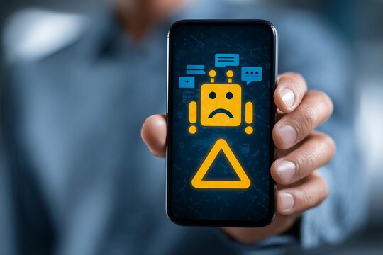 Smartphone displays unhappy robot graphic while person holds device in modern workspace
