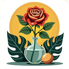 Colorful rose in vase with tropical leaves and orange fruit 