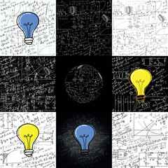 A collection of mathematical equations and formulas on a chalkboard. A set of hand-drawn diagrams and graphs on white and black backgrounds. A light bulb.