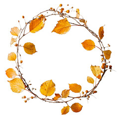 A circular arrangement of autumn leaves and twigs, showcasing vibrant hues of orange and yellow against a striking black backdrop on transparent background