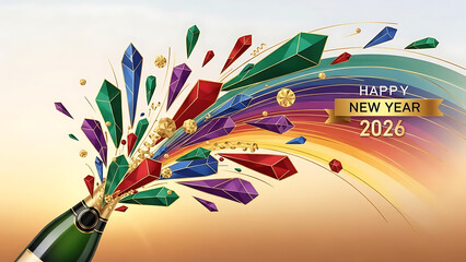 A champagne bottle exploding with colorful geometric shapes and happy new year 2026 message silhouette