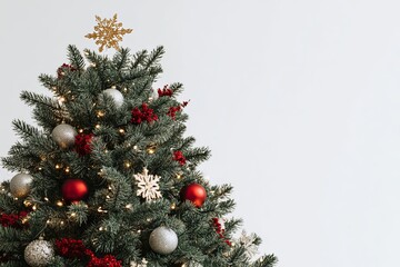 Decorated Christmas tree with red and silver ornaments