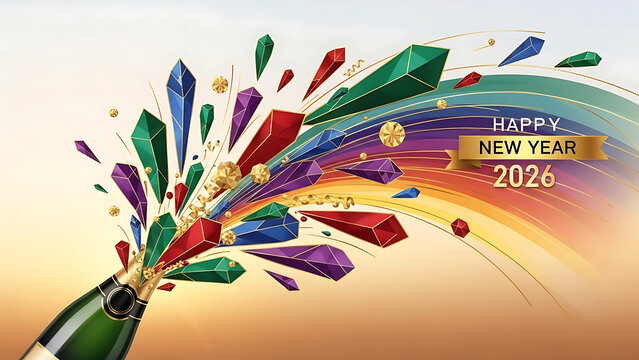A champagne bottle exploding with colorful geometric shapes and happy new year 2026 message silhouette