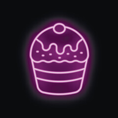 Vibrant neon sign depicting a delicious cupcake with icing and sprinkles on top