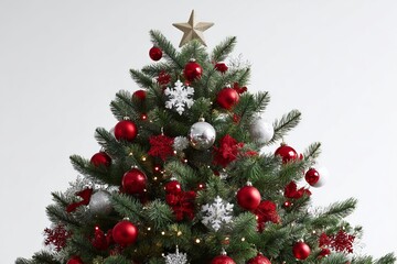 Decorated Christmas tree with red and silver ornaments