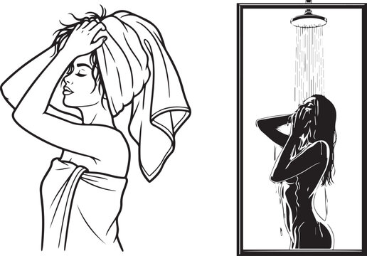 Black and White Line Art of Women in Shower and with Towel