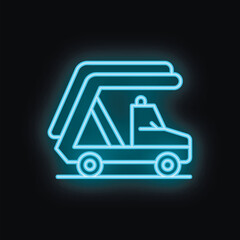 Blue neon sign of a garbage truck collecting waste in the dark