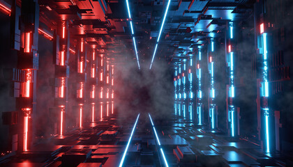 Blue and red abstract street lights illuminate the city night traffic near a dark water fountain show