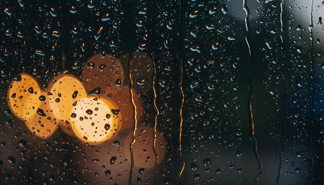 Abstract texture of blue and red light reflections on wet glass window with macro raindrops and water drops at night