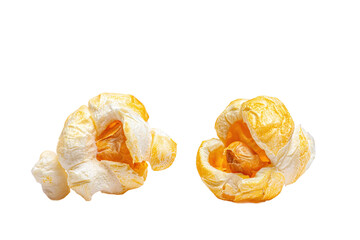 Two pieces of popcorn isolated on transparent background, close up view