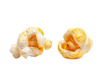 Two pieces of popcorn isolated on transparent background, close up view