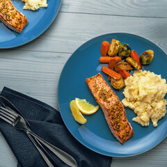 Baked Salmon Fillet with Mashed Potatoes and Roasted Vegetables