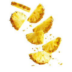 Bright and Juicy Pineapple Slices Floating in Mid-Air with Sparkling Crystals on Transparent Background