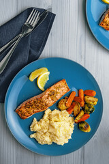 Oven-Baked Salmon with Creamy Mashed Potatoes and Seasonal Veg