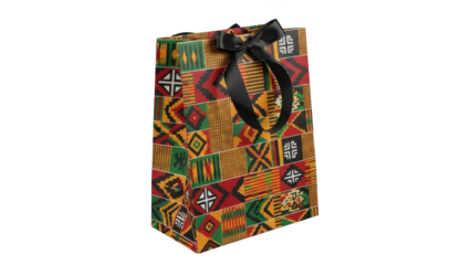 African print gift bag with ribbon isolated on transparent background