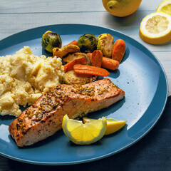 Oven-Baked Salmon with Creamy Mashed Potatoes and Seasonal Veg