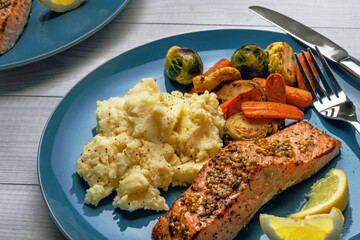Seafood Dinner with Mustard Salmon, Mashed Potatoes, and Roasted Carrots